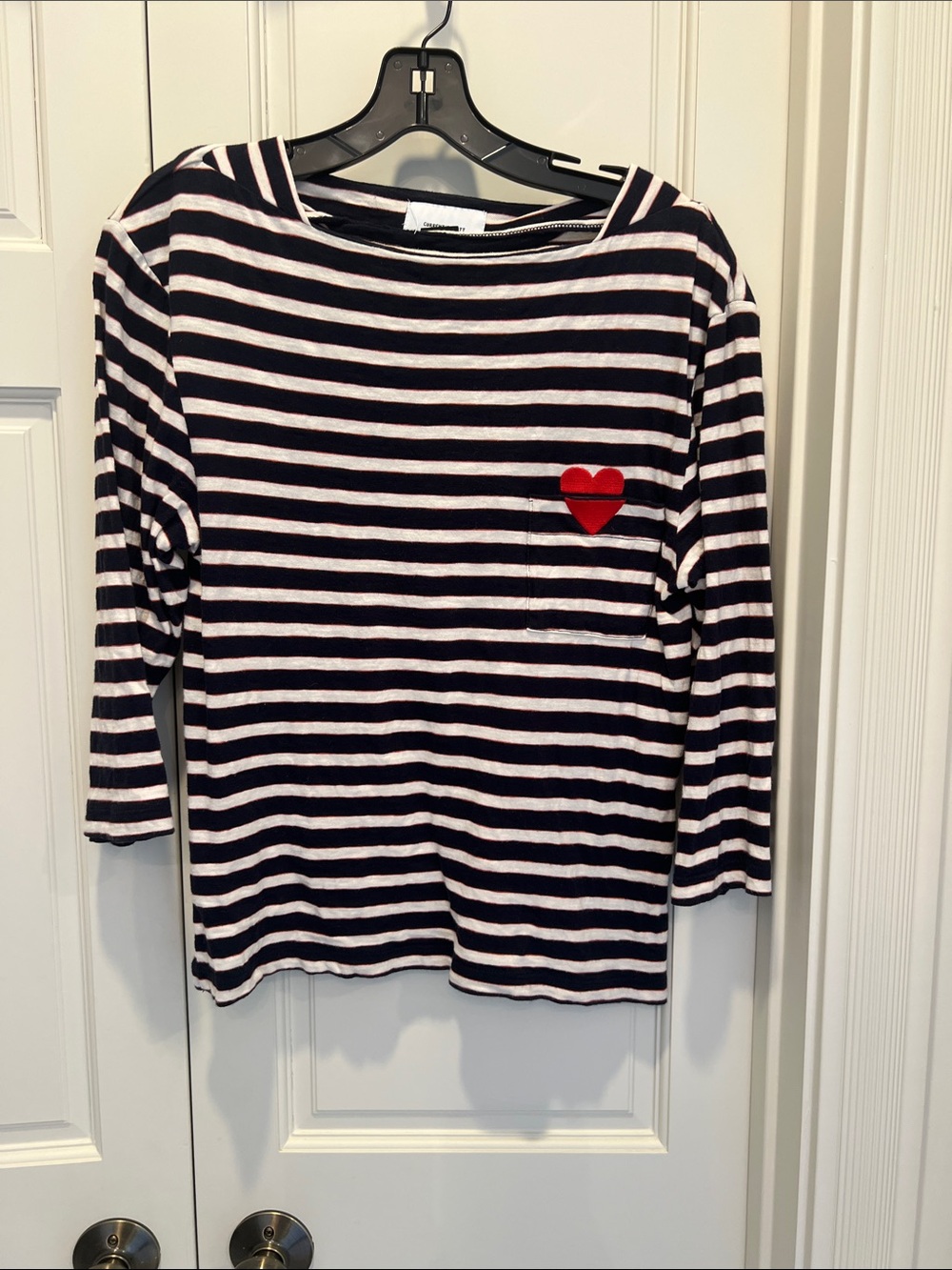 Current/Elliott Navy & White Striped Long Sleeve Top with Red Heart 3/4 sleeve